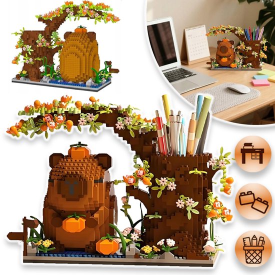 Capybara Bouwblokken Set - 1880 Stuks Schattige Dieren & Bloemen Bouwstenen Kit - Kawaii Capybara Cadeau Speelgoed Voor Kinderen - Capybara Spullen Pennenhouder Bureau Organizer - Knutselset Voor Jongens Meisjes En Volwassenen