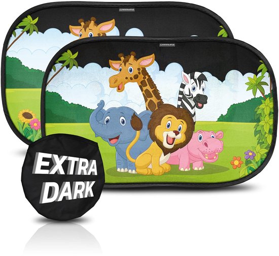 CARAMAZ Zonnescherm Auto Baby & Kinderen Dieren | 2 stuks - 51x31cm | Met Gecertificeerde UV-bescherming | Opti-Dark | Zonnescherm Auto Zijruit met Zuignap | Zonnescherm Zijruit Auto | Zonnescherm Kinderen Autoraam | Verduistering van Merkloos