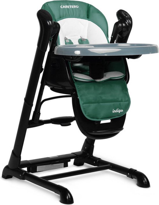 Caretero Indigo Kinderstoel + Schommel Zwart Groen - Babystoel - Baby Eetstoel - Babystoel voor aan Tafel - Voor Kinderen van 1 Maand tot 4 Jaar - Verstelbare Hoogte en Voetensteun - Groot Dubbel Blad - Kinderstoeltje voor Peuter - Peuterstoel van Caretero