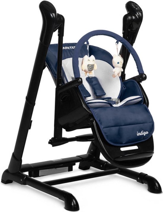 Caretero Indigo Kinderstoel + Schommel Zwart Marineblauw - Babystoel - Baby Eetstoel - Babystoel voor aan Tafel - Voor Kinderen van 1 Maand tot 4 Jaar - Verstelbare Hoogte en Voetensteun - Groot Dubbel Blad - Kinderstoeltje voor Peuter - Peuterstoel van Caretero