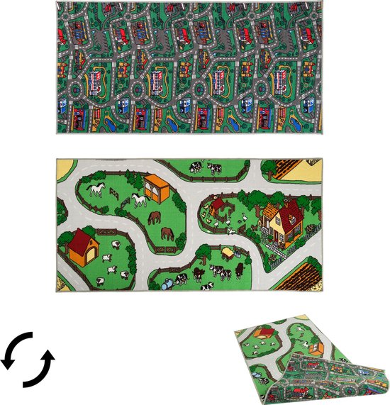 Carpet City & Boerderij Speelkleed - Speelmat 100x200 cm - Dubbelzijdig - Vloerkleed Kinderkamer - Antislip Speeltapijt - Verkeerskleed - Cadeau van Carpet City