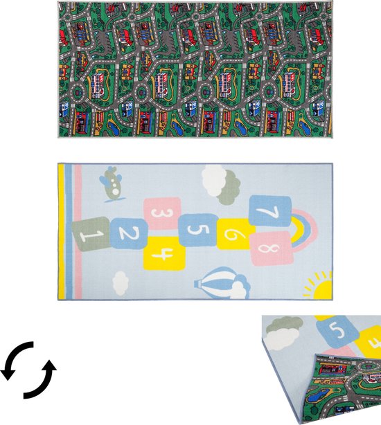 Carpet City & Hinkelspel Speelkleed - Speelmat 80x150 cm - Dubbelzijdig - Vloerkleed Kinderkamer - Antislip Speeltapijt - Verkeerskleed - Hinkelen - Cadeau van Carpet City
