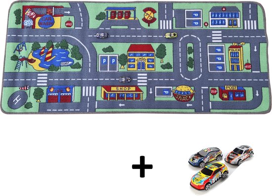 Carpet City Speelkleed - Speelmat 66x155 cm - Inclusief 3 Speelgoed Auto’s - Vloerkleed Kinderkamer - Antislip Speeltapijt - Verkeerskleed - Cadeau van Carpet City