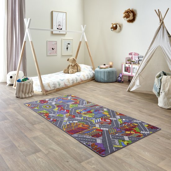 Carpet Studio Big City Speelkleed - Speelmat 95x200cm - Vloerkleed Kinderkamer - Anti-slip Speeltapijt - Verkeerskleed - Grijs van Carpet Studio