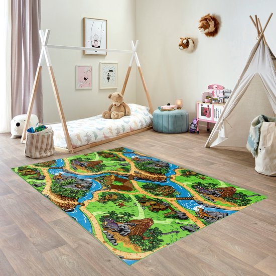 Carpet Studio Dino Speelkleed - Speelmat 95x133cm - Vloerkleed Kinderkamer - Anti-slip Speeltapijt - Verkeerskleed - Groen/Grijs van Carpet Studio