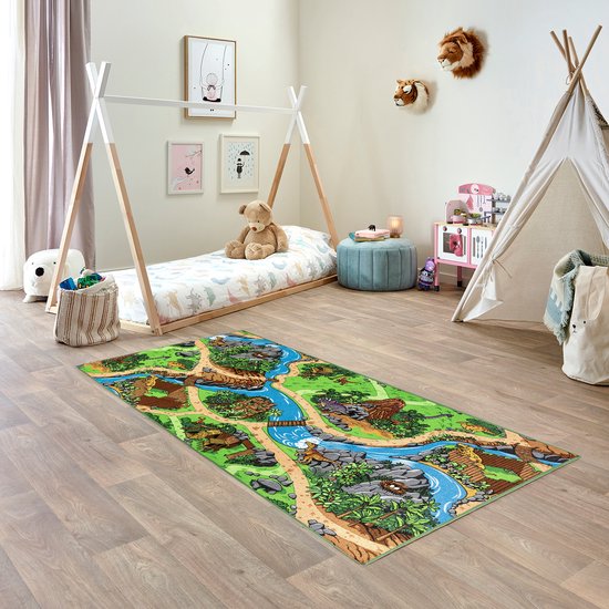 Carpet Studio Dino Speelkleed - Speelmat 95x200cm - Vloerkleed Kinderkamer - Anti-slip Speeltapijt - Verkeerskleed - Groen/Grijs van Carpet Studio