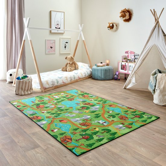 Carpet Studio Hiking Speelkleed - Speelmat 140x200cm - Vloerkleed Kinderkamer - Anti-slip Speeltapijt - Verkeerskleed - Groen van Carpet Studio