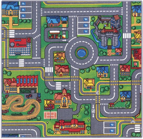 Carpet Studio Playcity Speelkleed - Speelmat 95x100cm - Vloerkleed Kinderkamer - Anti-slip Speeltapijt - Verkeerskleed - Meerkleurig van Merkloos