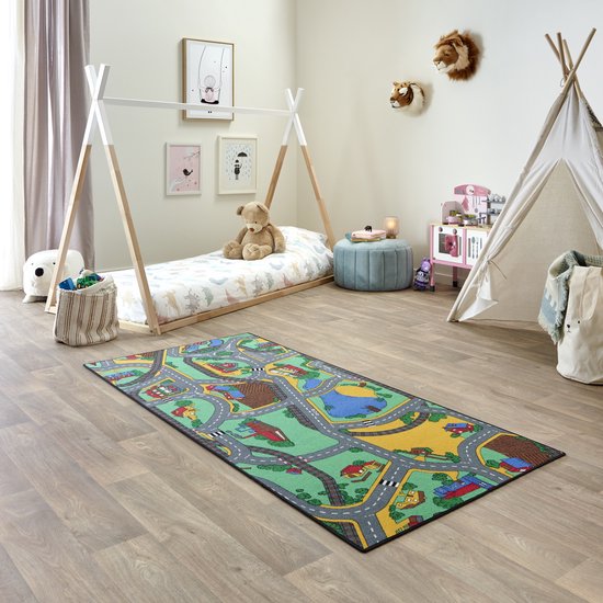 Carpet Studio Playtime Speelkleed - Speelmat 95x200cm - Vloerkleed Kinderkamer - Anti-slip Speeltapijt - Verkeerskleed - Groen/Blauw van Carpet Studio