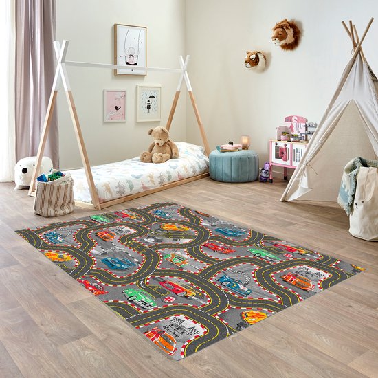 Carpet Studio Racer Speelkleed - Speelmat 95x133cm - Vloerkleed Kinderkamer - Anti-slip Speeltapijt - Verkeerskleed - Zwart van Carpet Studio