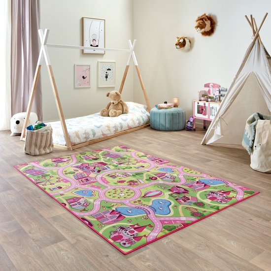 Carpet Studio Sweet Town Speelkleed Roze- Speelmat 140x200cm - Vloerkleed Kinderkamer - Anti-slip Verkeerskleed van Carpet Studio