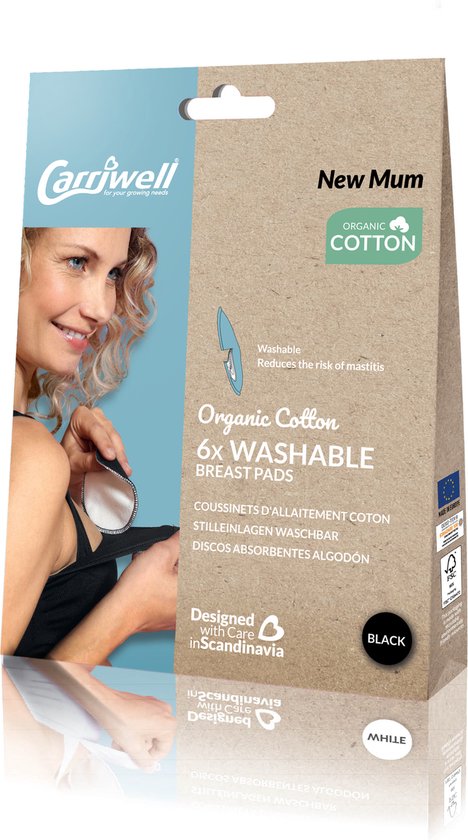Carriwel Wasbare Zoogcompressen - Katoen - Zwart – 6 stuks met wasnetje van Carriwel