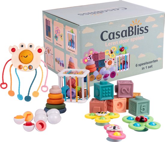 CasaBliss® 6 Speelsoorten in 1 Set – Kinderspeelgoed – Montessori & Sensorisch Speelgoed – Speelgoed 1 jaar - Baby Speelgoed – Speelgoed 2 jaar - Incl. Opbergdoos – 18+ Maanden van Merkloos