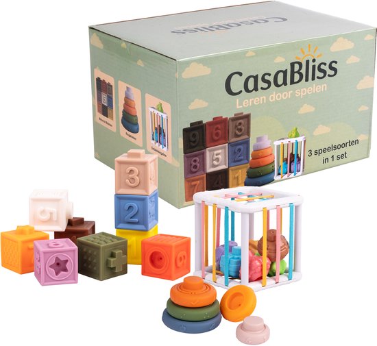 CasaBliss® Montessori Speelgoed 3-in-1 – Kinderspeelgoed- Stapelblokken, Vormenstoof & Bijtring – Baby Speelgoed 18+ Maanden – Peuter Speelgoed - Vakantie - Inclusief Opbergdoos