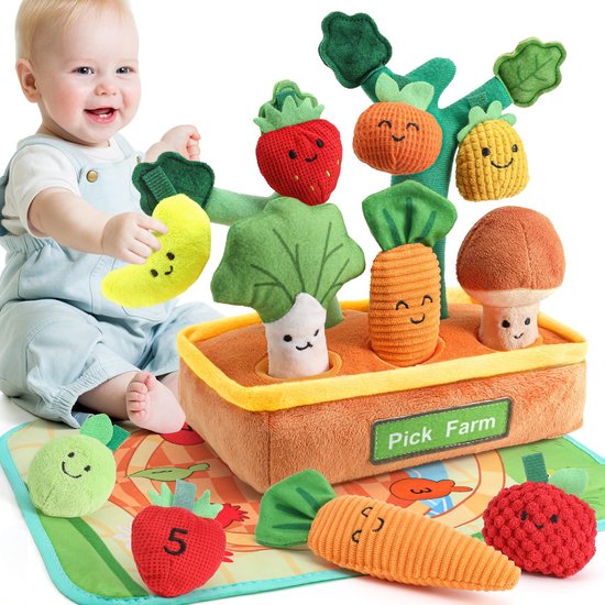 Casalora® Babyspeelgoed, 15-delige Boerderij Speelgoedset - Fruit en Groente Pluche Speelgoed voor Baby's 6-12 Maanden - Sensorisch Educatief Speelgoed met Ramelaar, Pieper en Knisper - Kleur- en Vormherkenning - Cadeau voor Jongens en Meisjes van casalora