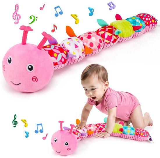 Casalora Buikligtrainer Baby - Sensorisch Knuffelspeelgoed met Geluid en Bijtring & Muzikale - Pluche Rupsenthema - Geschikt vanaf 0 Maanden - Roze