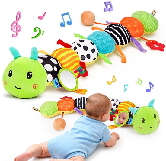 Casalora Buikligtrainer Baby - Sensorisch Knuffelspeelgoed met Geluid en Texturen & Muzikale - Pluche Rupsenthema - Geschikt vanaf 0 Maanden