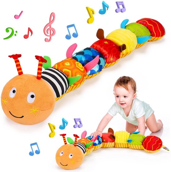 Casalora Buikligtrainer Baby - Sensorisch Knuffelspeelgoed met Knisperboekje en Rammelgeluid & Muzikale en Bijts -Pluche Rupsenthema - Geschikt vanaf 0 Maanden - Maanden - Oranje