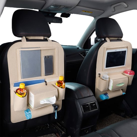 Case2go - Auto organizer met Tablet houder - Autostoel Organizer met telefoonhouder en bekerhouder auto - Beige van Case2go