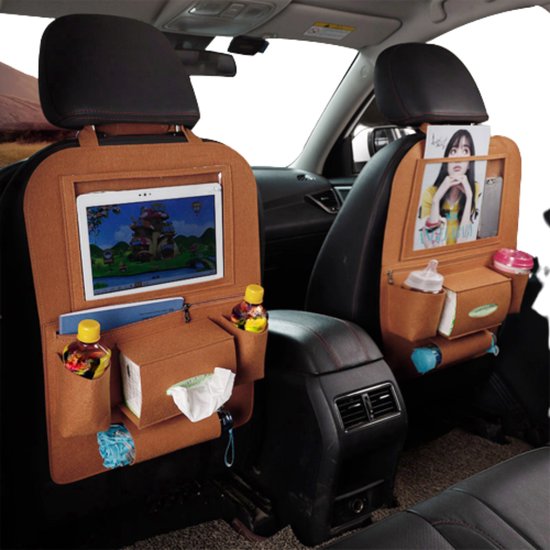 Case2go - Auto organizer met Tablet houder - Autostoel Organizer met telefoonhouder en bekerhouder auto - Bruin van Case2go