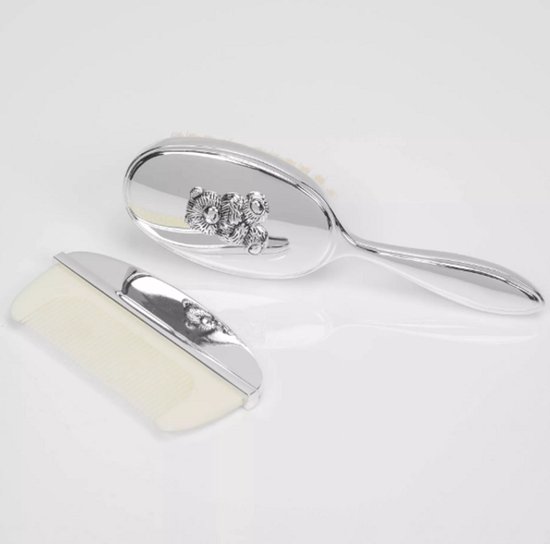 Celebrations - Verzilverde Baby Borstel- en Kamset met Beren - Silver plated - Babykado - Babykamer - Doop - Baby van Merkloos