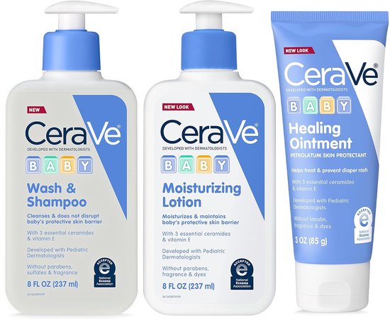 CeraVe Baby Bath Set, 237ml Wash & Shampoo + 237ml Moisturizing Lotion + 85g Healing Ointment, Fragrance, Parabens, Phthalates, & Tear Free Baby Bath Essentials van Merkloos