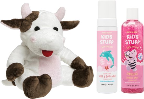 Cherry Belly Kersenpitknuffel Koe & Kids Stuff Bad Roze - Kids Stuff Bubble Bath Sparkling - Kids Stuff Hair & Body Wash Wacky Whip - Cherry Belly Warmteknuffel Koe van $