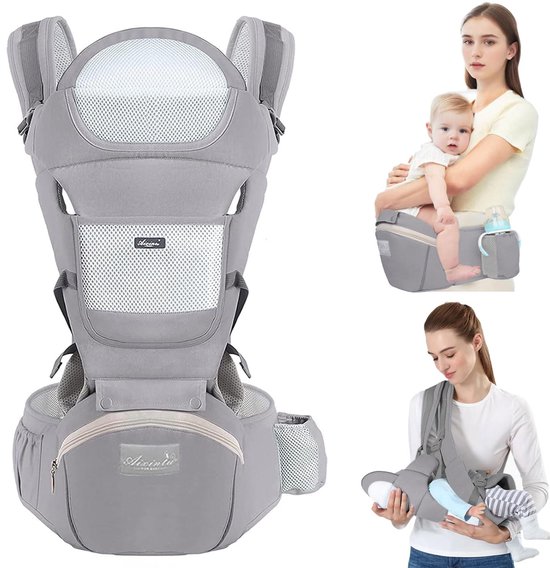 CHICFURN Draagzak voor Baby en Peuter - 15 Draagwijzen - Afneembare Heupzit - Katoen en 3D Mesh - Grijs