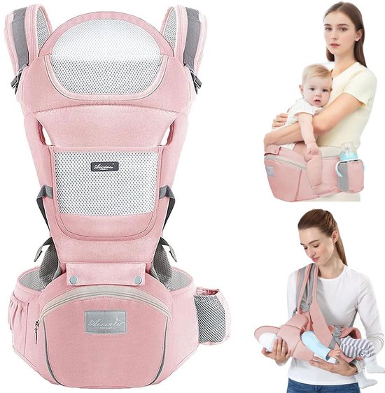 CHICFURN Roze Babydraagzak met Heupzitje voor Ouders, Baby's en Peuters, Geschikt voor Verschillende Draagwijzen en Groeifasen, met Afzonderlijk Te Gebruiken Schouderbanden en Heupzitje, Ademend Katoen en Opbergtas