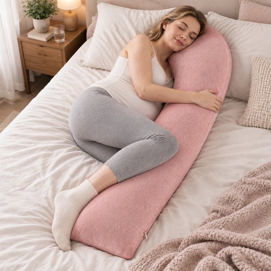 CHICFURN Zwangerschapskussen, voedingskussen en lichaamskussen met wasbare hoes, verkoelend kussen voor zijslapers, ergonomisch ondersteuningskussen voor hoofd, nek, buik, rug, heupen en benen, roze, 130 x 50 cm