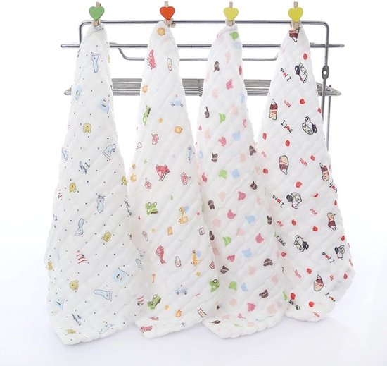Chickwin Baby badhanddoek met haak, 4-pack schattig 12 "x 12" zachte en gezellige pasgeboren 100% katoen mousseline absorberende baby bad washandje herbruikbare doekjes voedingsspullen baby gezicht handdoek (6 lagen)
