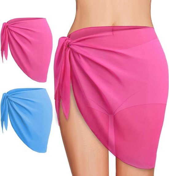 Chiffon strandrok en wikkelschort in Blauw en Roze - Zomerse strandkleding met smock design