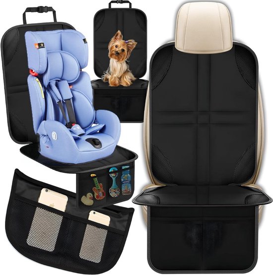Child Seat Pad Protector - Universal Cushion for Car Seats - Non-Slip Waterproof with 2 Mesh Compartments - ISOfix Black van Chi