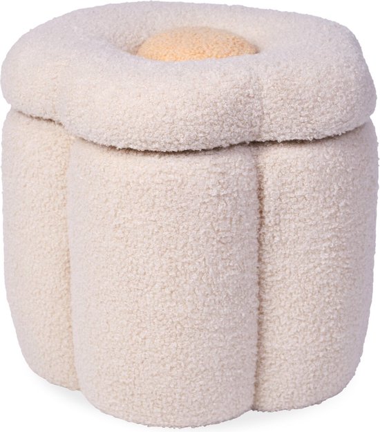 Childhome Bloem Poef + Speelgoedkist – 35x35x32 cm – Ecru – Zachte Opbergbox in Teddy Stof van Childhome
