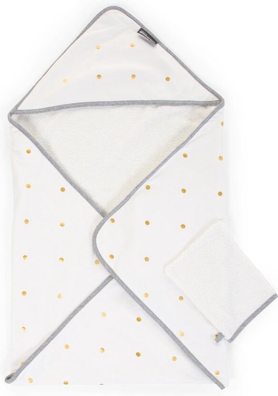 Childhome Gold Dots Collection - Baby Badcape + Washandje - 80x80 Cm - Jersey - Wit/goud van Childhome