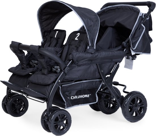 Childhome Quadruple Kinderwagen – 4 Zitplaatsen – Met Regenhoes & Zonnekappen – Zwart – Voor Kinderen tot 15 kg van Merkloos