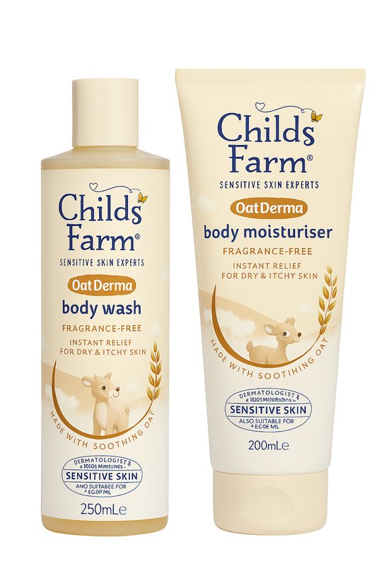 Childs Farm, OatDerma Verzorgingsset – Body Wash 250ml & Bodylotion 200ml – Geschikt voor Pasgeborenen, Kinderen & Volwassenen met Gevoelige, Droge of Eczeemgevoelige Huid van Merkloos