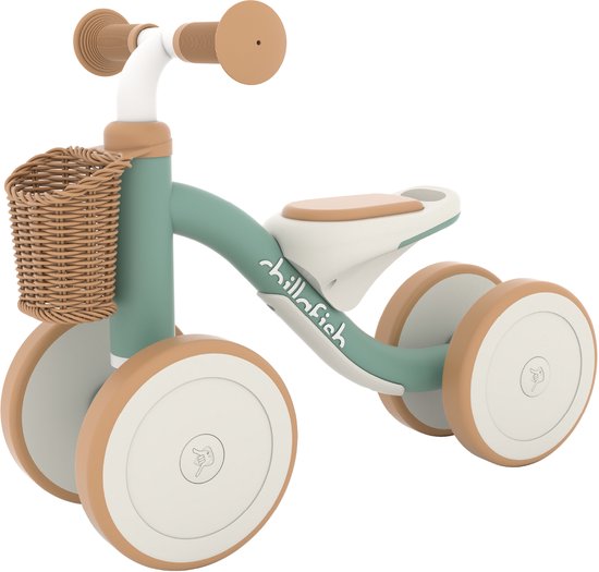 Chillafish Loopfiets 1 jaar voor jongens en meisjes met mandje - Loopwagen voor peuters tot 3 jaar - Groen - Lichtgewicht auto met handvat om te dragen - Stille anti slip banden voor binnen en buiten - Stabiel met 4 wielen - Model Cruzi
