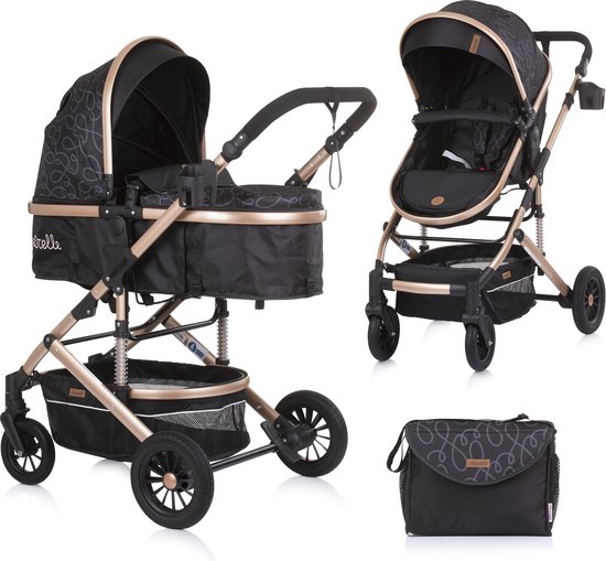 Chipolino Kinderwagen Estelle - Baby wagen - 2 in 1 - Kinderwagen met wieg en stoel - Licht en flexibel - Inclusief luiertas - Ebony van Chipolino