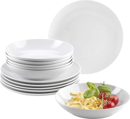 Chique Bordenset 6 Persoons - Porselein Servies 12delige - Platte Borden - Soepkommen - Diepe Borden van CHiQ