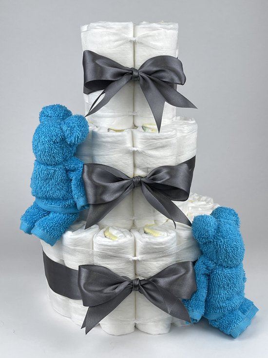 Chouette-Chouette | Luiertaart Jongen | Kraamcadeau | Geboorte Jongen | Babyshower | Beren Aqua blauw - donker Grijs van Chouette-Chouette