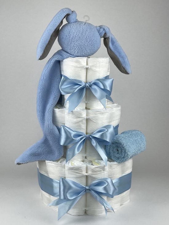 Chouette-Chouette | Luiertaart Jongen | Kraamcadeau | Geboorte Jongen | Babyshower | Knuffeldoek Konijn Jip Blauw van Chouette-Chouette