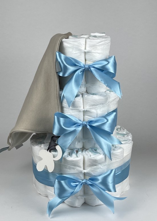Chouette-Chouette | Luiertaart Jongen | Kraamcadeau | Geboorte Jongen | Babyshower | Knuffeldoek Labels Cream - hemels Blauw van Chouette-Chouette
