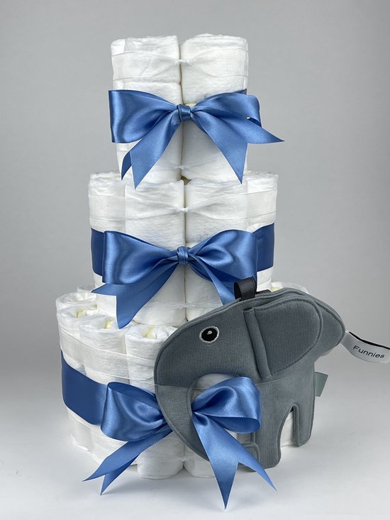 Chouette-Chouette | Luiertaart Jongen | Kraamcadeau | Geboorte Jongen | Babyshower | Knuffeldoek Olifant Ollie Grey-Blue - diep Blauw van Chouette-Chouette