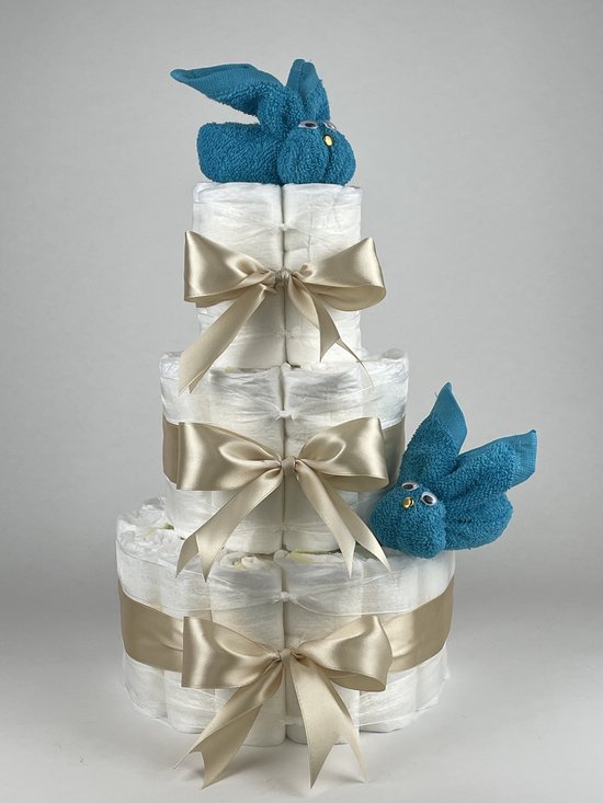 Chouette-Chouette | Luiertaart Jongen | Kraamcadeau | Geboorte Jongen | Babyshower | Konijnen Aqua blauw - Beige van Chouette-Chouette