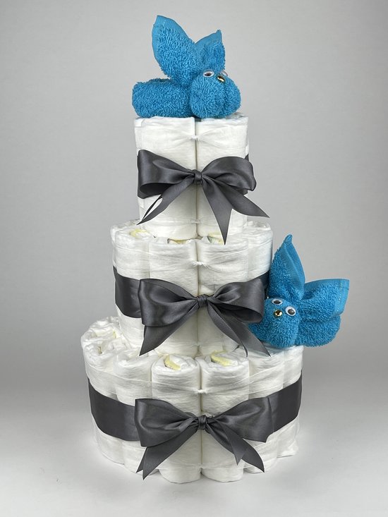 Chouette-Chouette | Luiertaart Jongen | Kraamcadeau | Geboorte Jongen | Babyshower | Konijnen Aqua blauw - donker Grijs van Chouette-Chouette