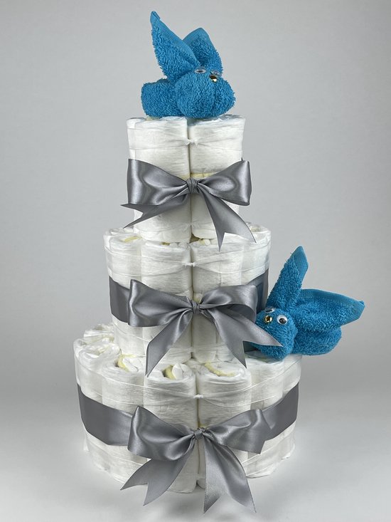Chouette-Chouette | Luiertaart Jongen | Kraamcadeau | Geboorte Jongen | Babyshower | Konijnen Aqua blauw - Grijs van Chouette-Chouette