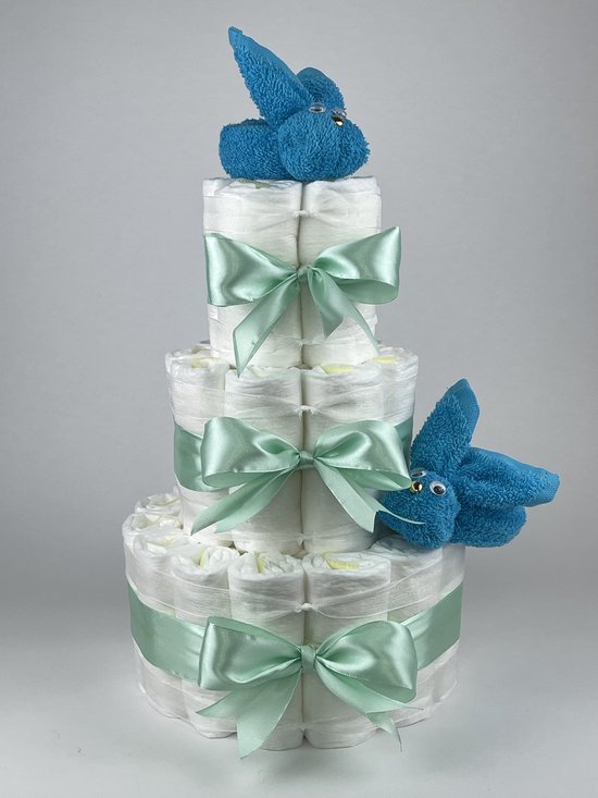 Chouette-Chouette | Luiertaart Jongen | Kraamcadeau | Geboorte Jongen | Babyshower | Konijnen Aqua blauw - Groen van Chouette-Chouette