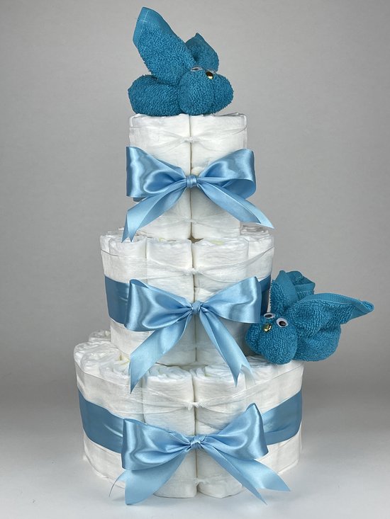 Chouette-Chouette | Luiertaart Jongen | Kraamcadeau | Geboorte Jongen | Babyshower | Konijnen Aqua blauw - hemels Blauw van Chouette-Chouette