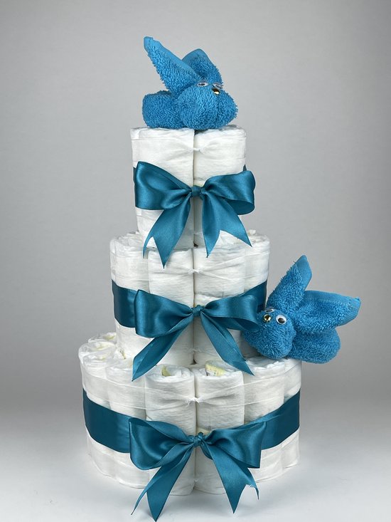 Chouette-Chouette | Luiertaart Jongen | Kraamcadeau | Geboorte Jongen | Babyshower | Konijnen Aqua blauw - Petrol van Chouette-Chouette
